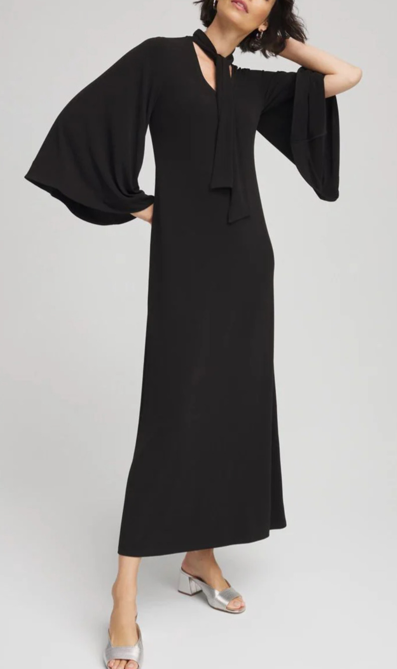 New Chicos Flutter Sleeve tie neck black maxi dress Size 3/XL Minimal Boho Glam